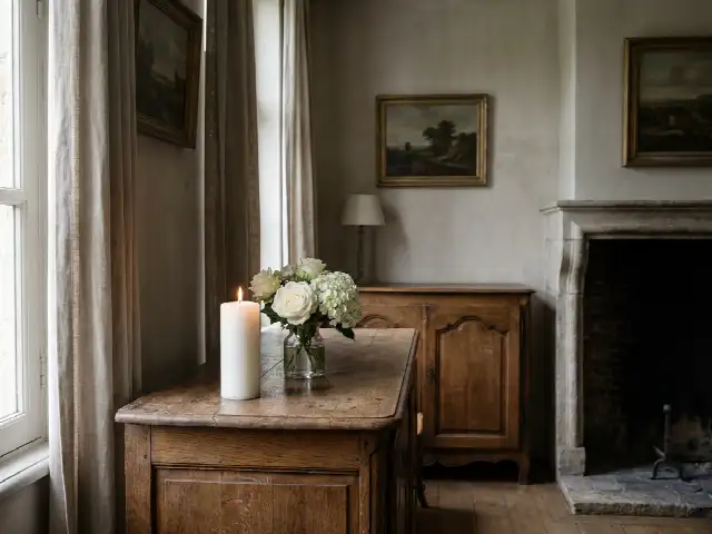 Witte kaars en een boeketje witte bloemen op een houten dressoir