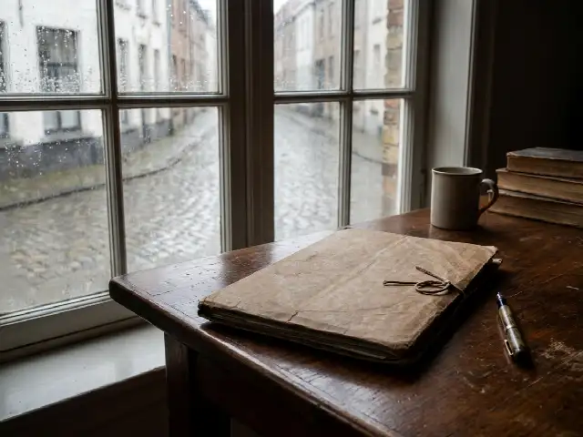 Gesloten documentenmap en vulpen op een tafel bij een regenachtig raam
